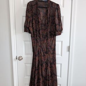 Polo by Ralph Lauren Brown and Black Puff Sleeve Maxi Dress